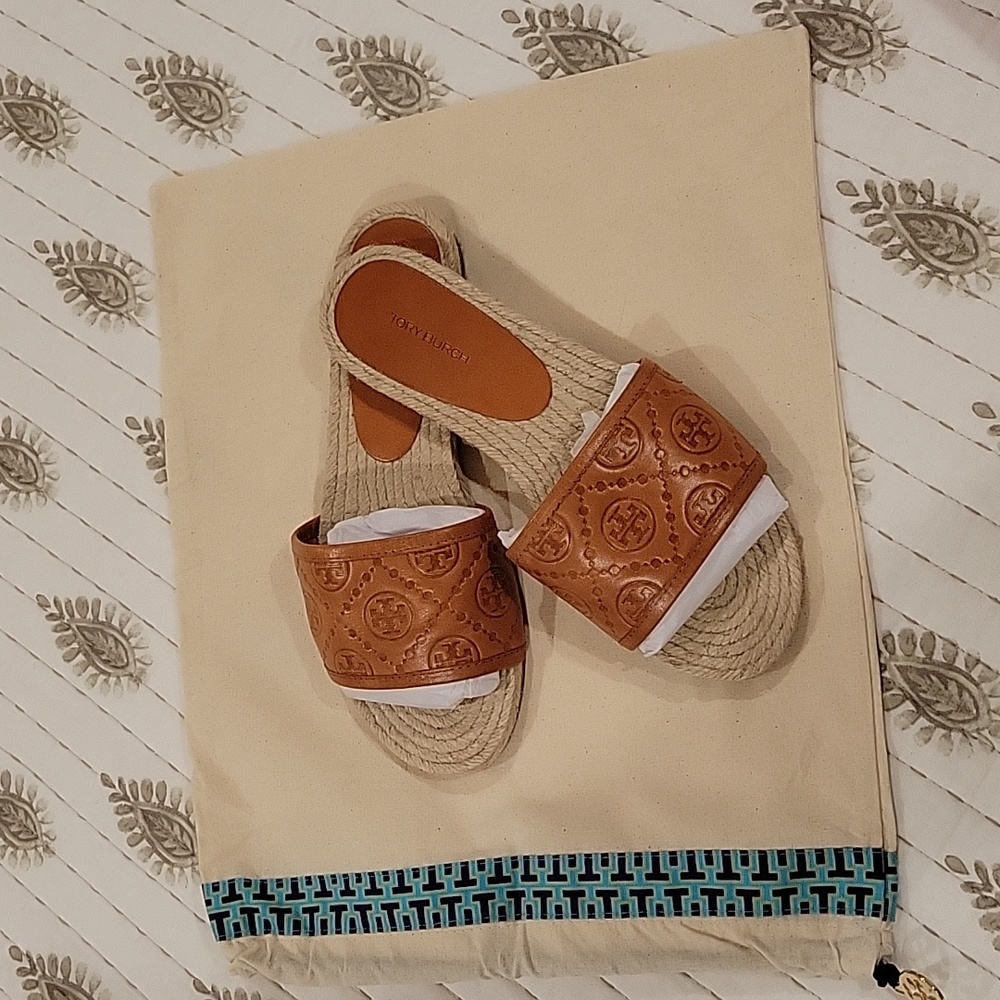 Tory burch T monogram espadrulle slide cammello 200